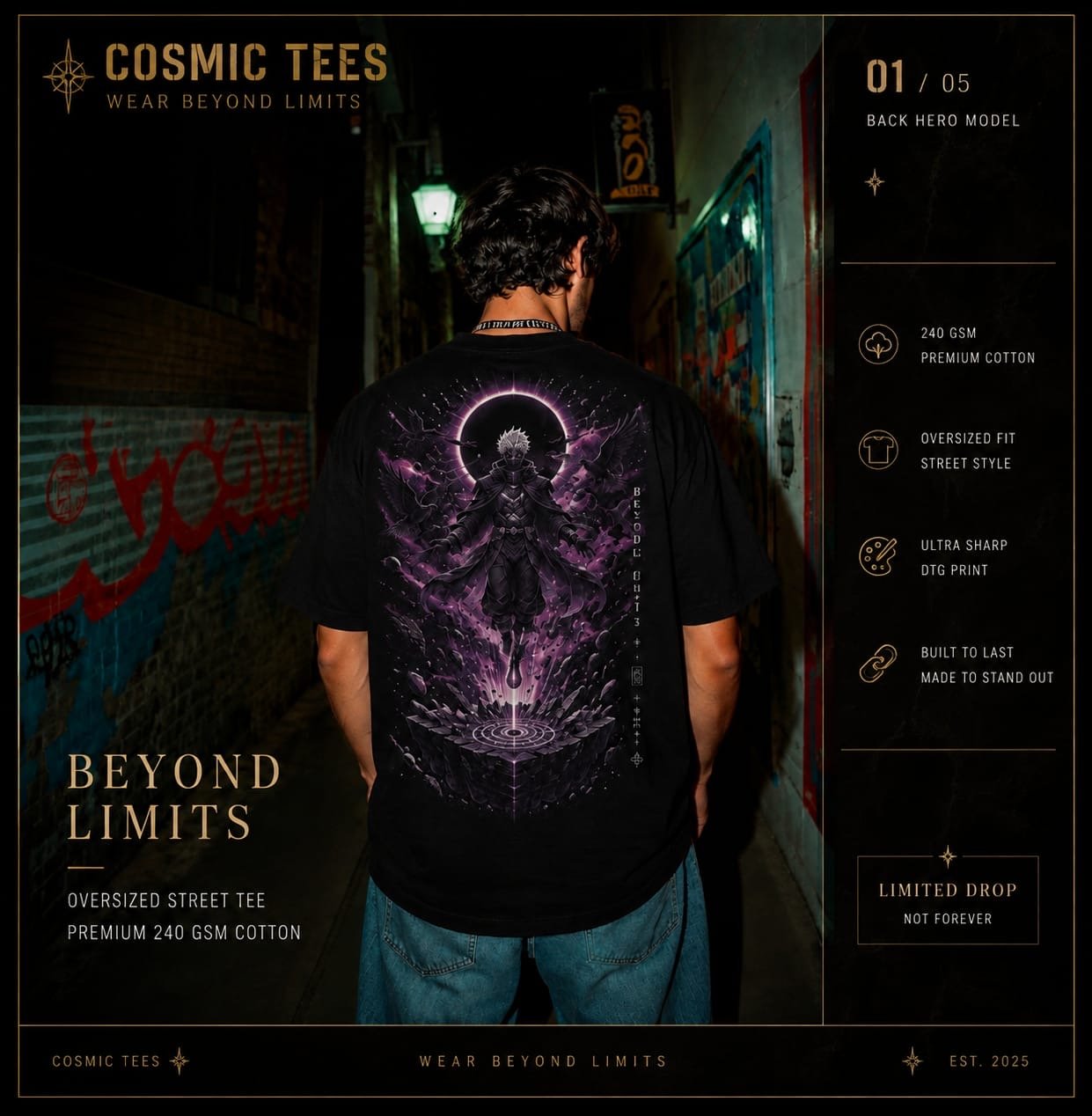 Cosmic Realm Oversized T-Shirt – Premium 220 GSM French Terry Cotton | Black